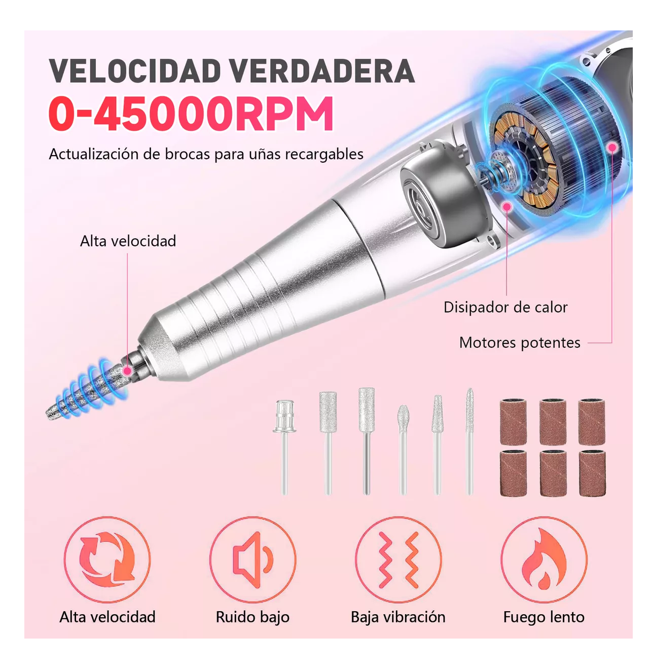 Foto 5 | Pulidor de Uñas Esmeril Profesional Drill Portátil 45000 Rpm Rosa