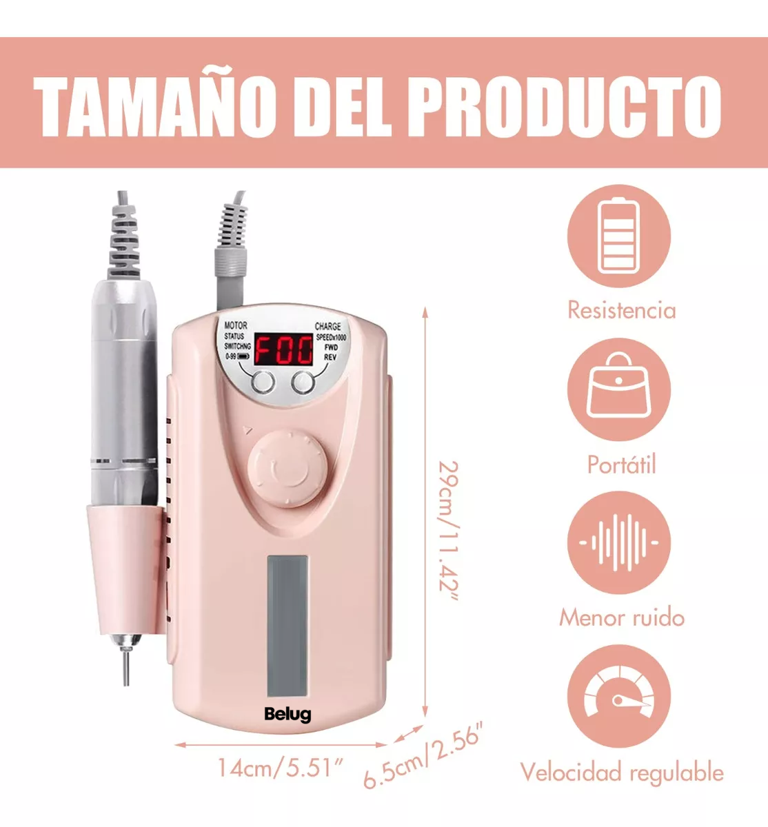 Foto 4 pulgar | Esmeril para Uñas Belug Profesional Drill Pulidor Kit 35000 RPM Rosa