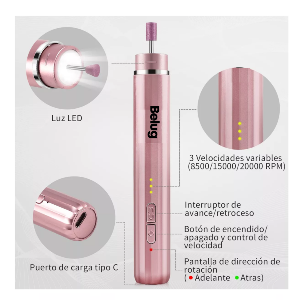 Foto 4 | Esmeril Taladro Pulidor De Uñas Acrílicas Inalámbrico Rosa Belug