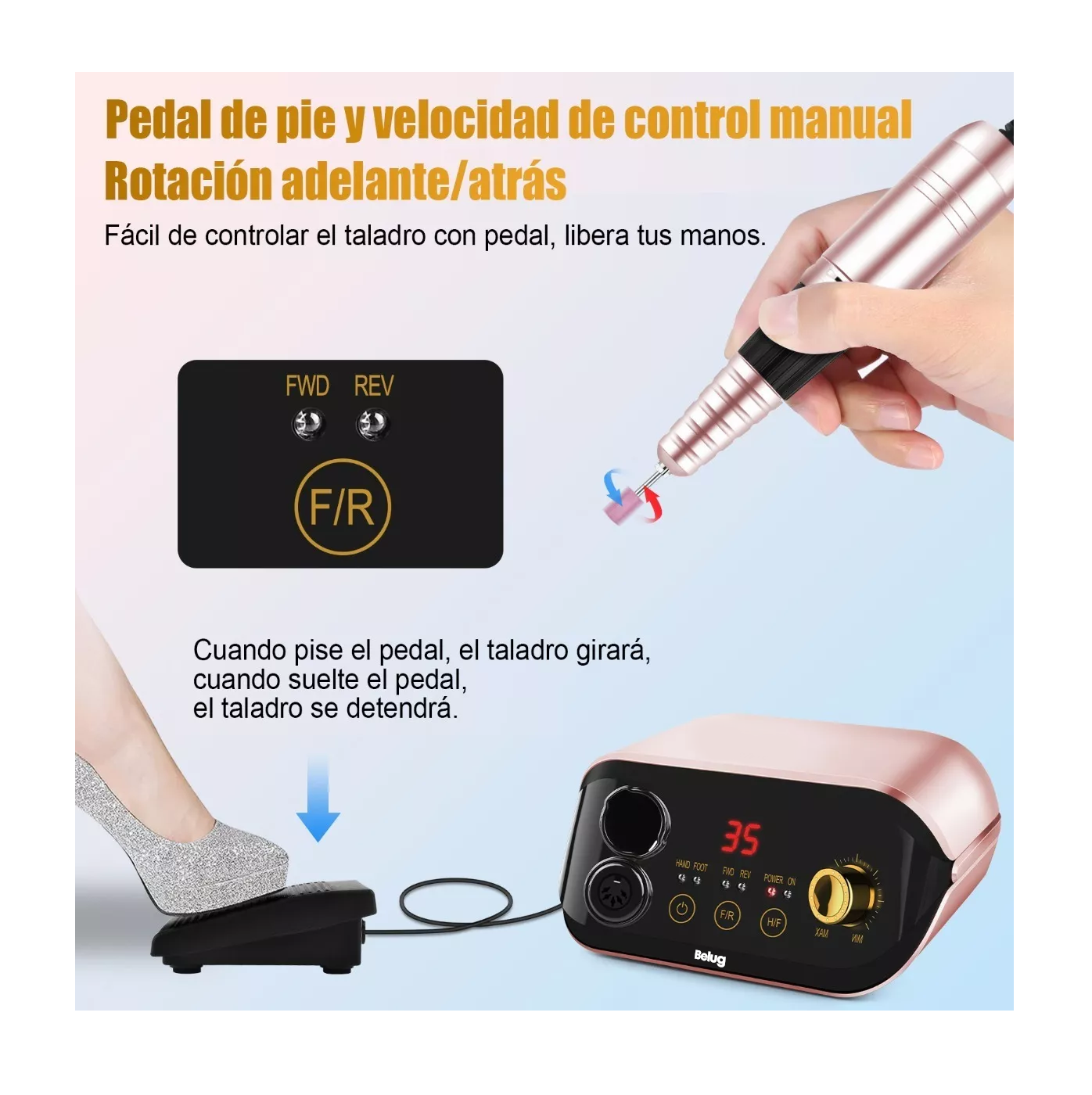 Foto 4 pulgar | Pulidor Esmeril Drill Para Uñas Profesional C/pedal 35000rpm Multicolor Belug