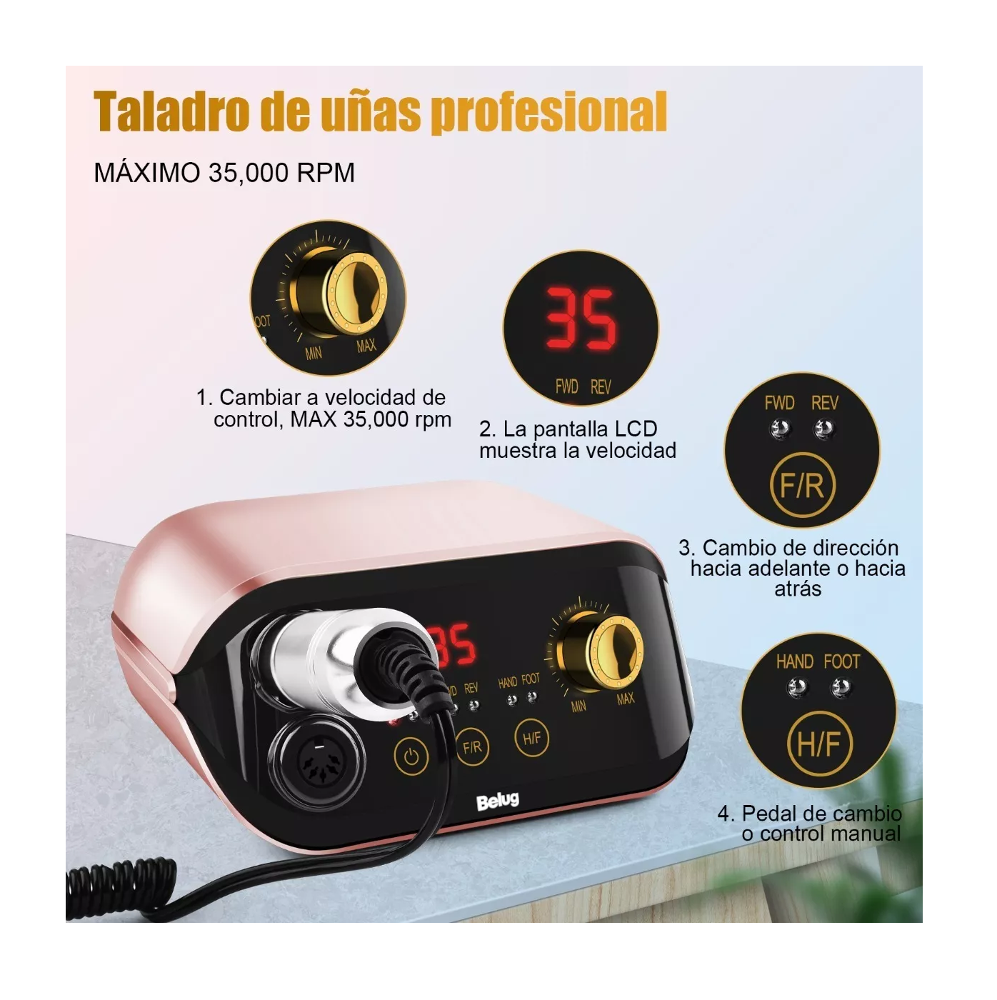 Foto 6 pulgar | Pulidor Esmeril Drill Para Uñas Profesional C/pedal 35000rpm Multicolor Belug