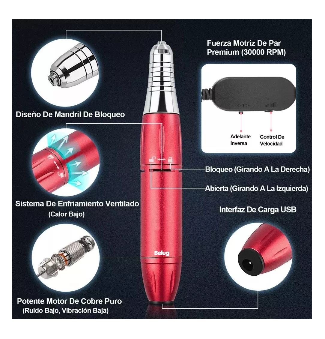 Foto 6 pulgar | Taladro De Uñas Pulidor Esmeril Uñas Acrílicas 65 Piezas Rojo Belug