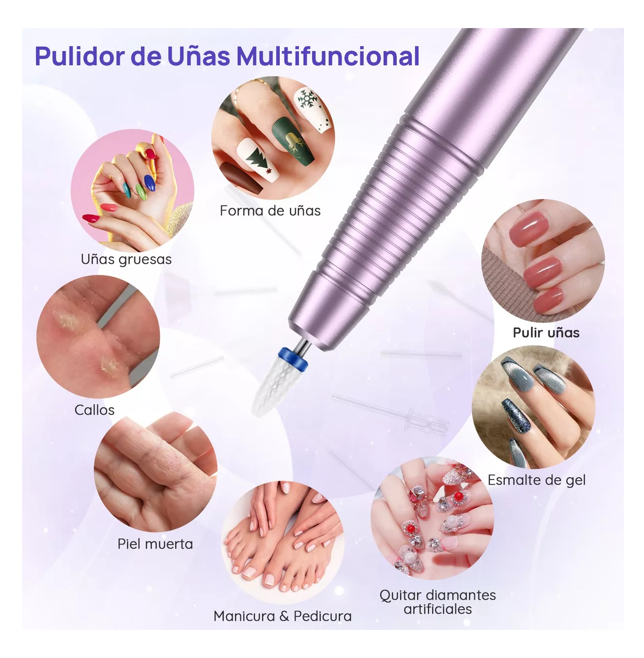 Foto 2 | Pulidor Esmeril Para Uñas Manicure Inalambrico Taladro Con Set Morado Belug