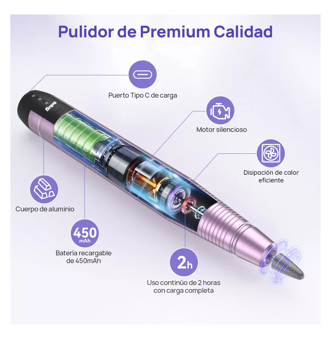 Foto 4 | Pulidor Esmeril Para Uñas Manicure Inalambrico Taladro Con Set Morado Belug