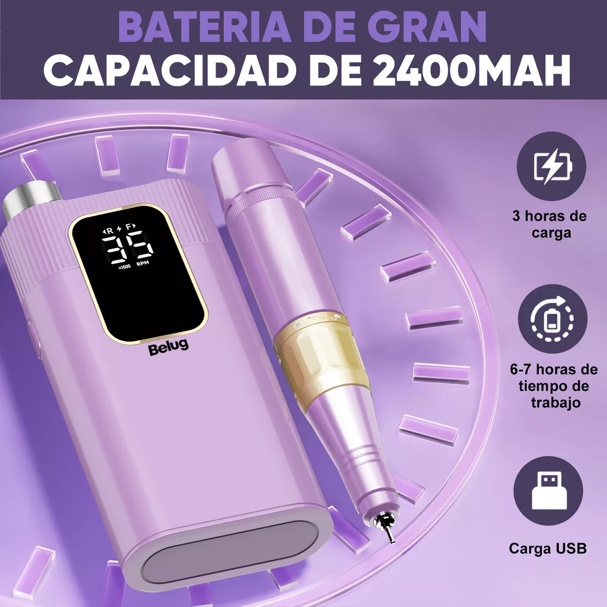 Foto 4 pulgar | Pulidor De Uñas Belug Esmeril Profesional Drill Portátil 35000 Rpm Morado