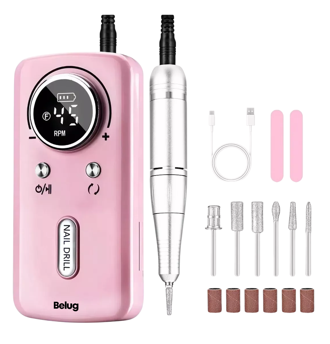 Pulidor De Uñas Esmeril Profesional Drill Portátil 45000 Rpm Rosa/plata Belug