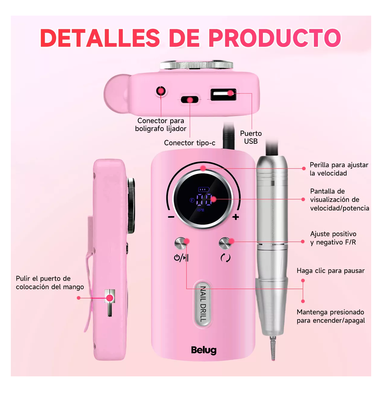 Foto 5 pulgar | Pulidor De Uñas Esmeril Profesional Drill Portátil 45000 Rpm Rosa/plata Belug