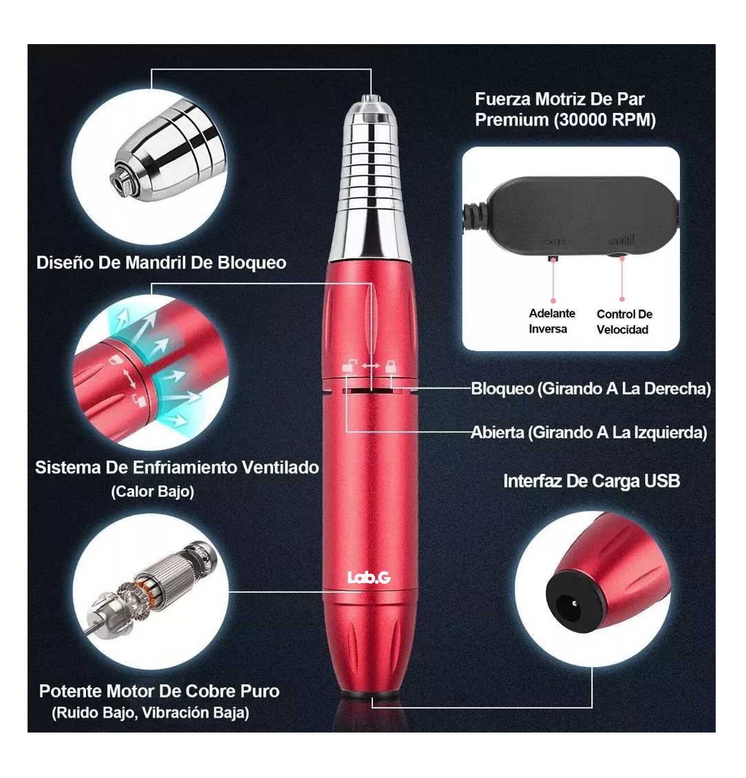 Foto 5 | Taladro De Uñas Pulidor Lab.g Esmeril Uñas Acrílicas 65 Piezas Rojo