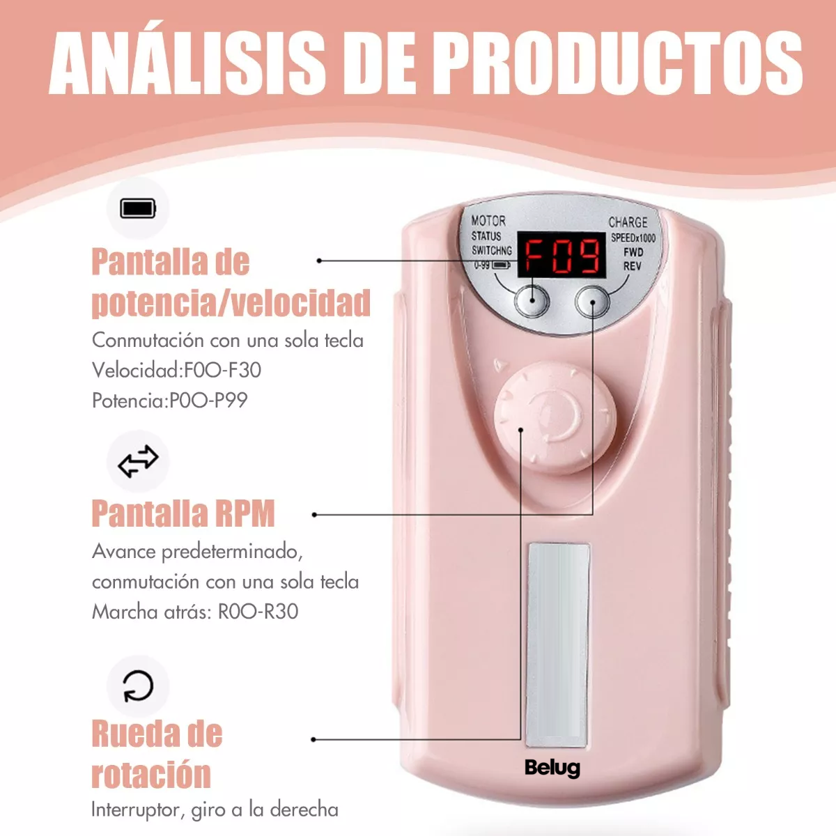 Foto 5 pulgar | Esmeril Para Uñas Profesional Drill Pulidor Kit 35000 Rpm Belug,  Rosa