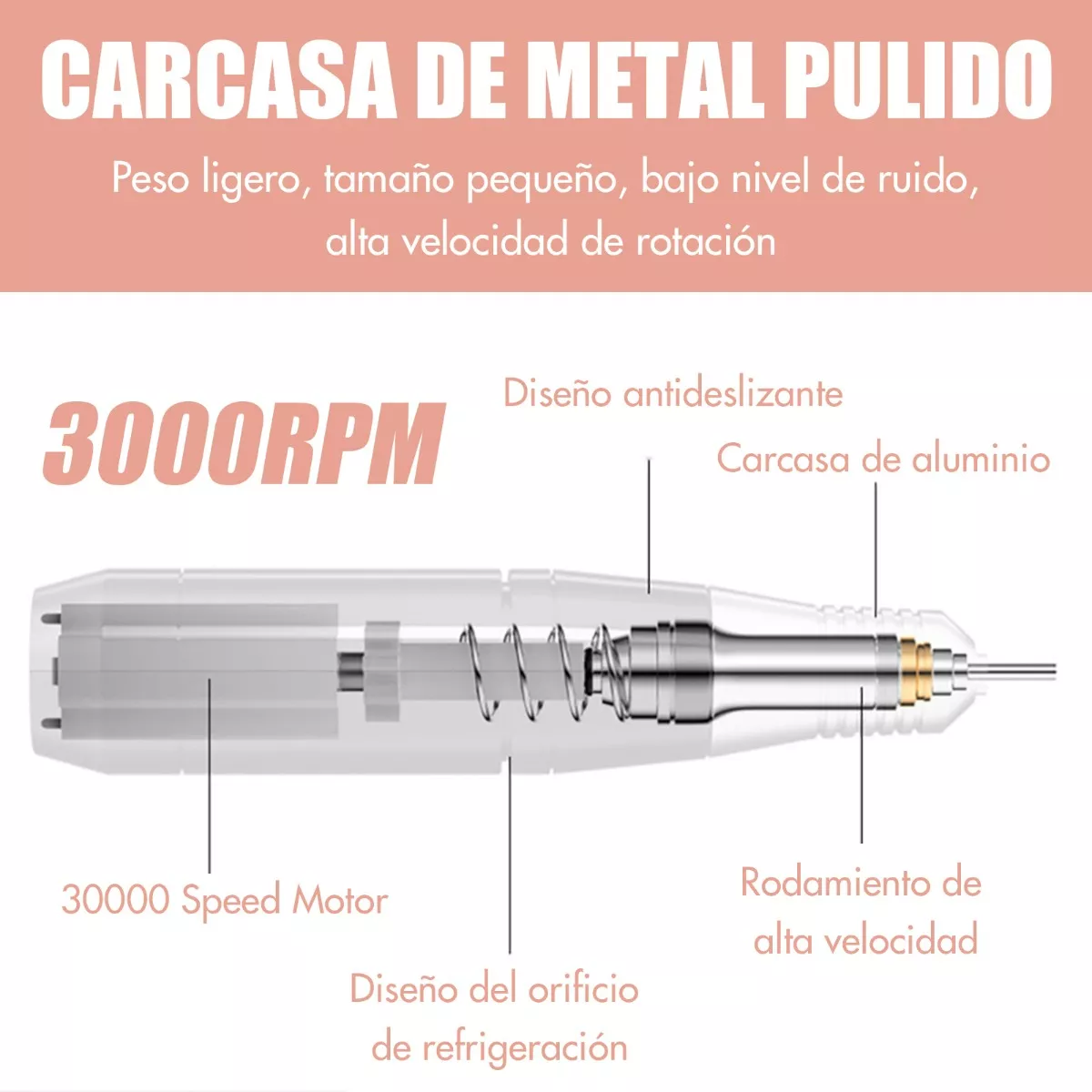 Foto 6 pulgar | Esmeril Para Uñas Profesional Drill Pulidor Kit 35000 Rpm Belug,  Rosa