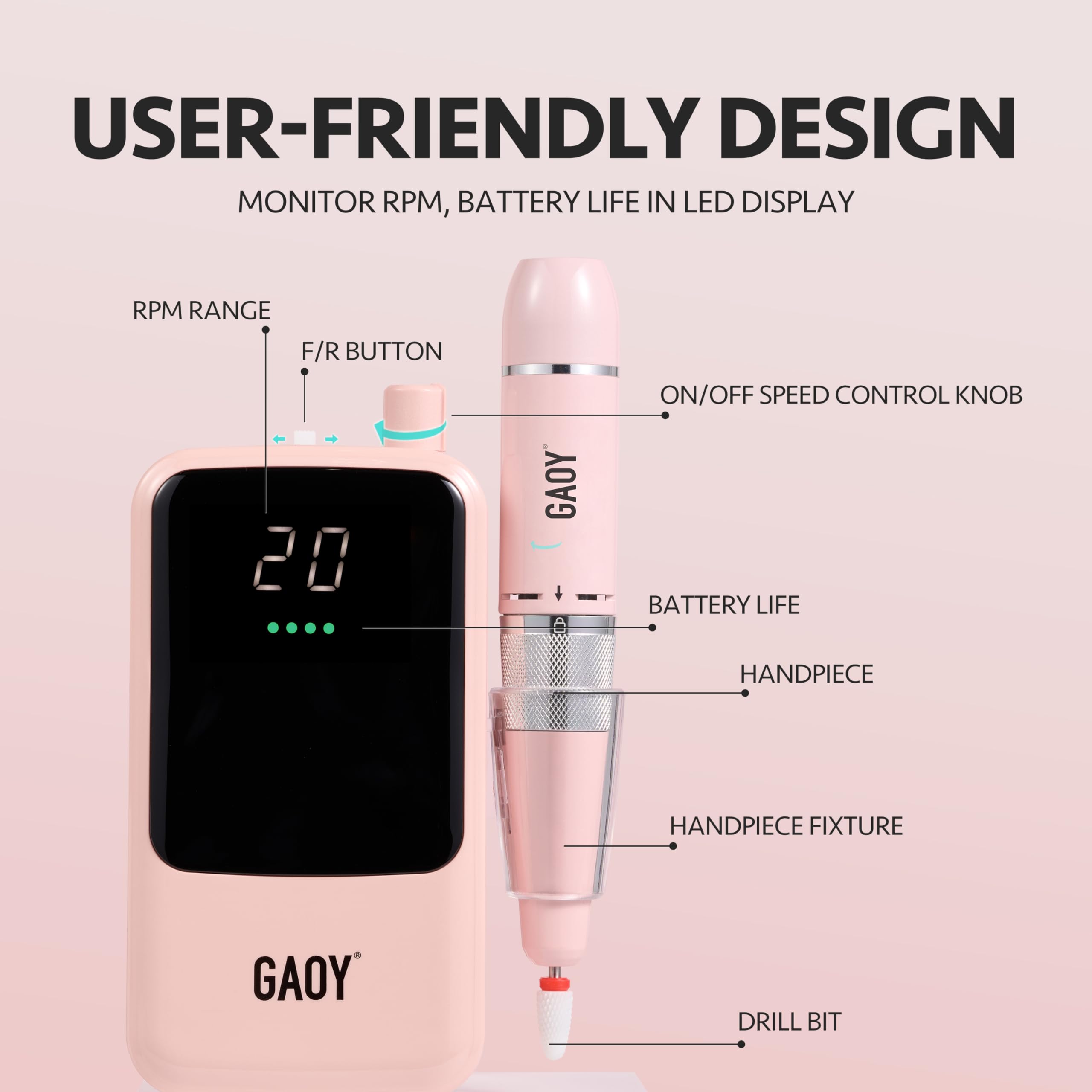 Foto 5 pulgar | Taladro De Uñas Gaoy Recargable, Inalámbrico, Eléctrico, Rosa Con Brocas - Venta Internacional.