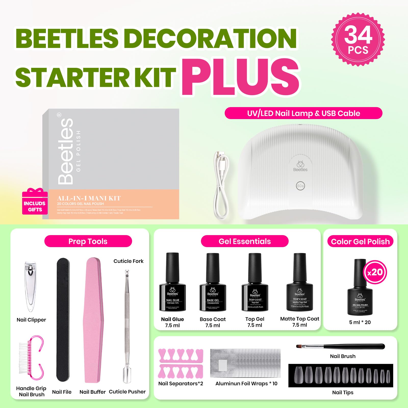 Foto 2 | Kit De Esmaltes De Uñas En Gel Beetles Con Luz Uv, 34 Unidades - Venta Internacional.