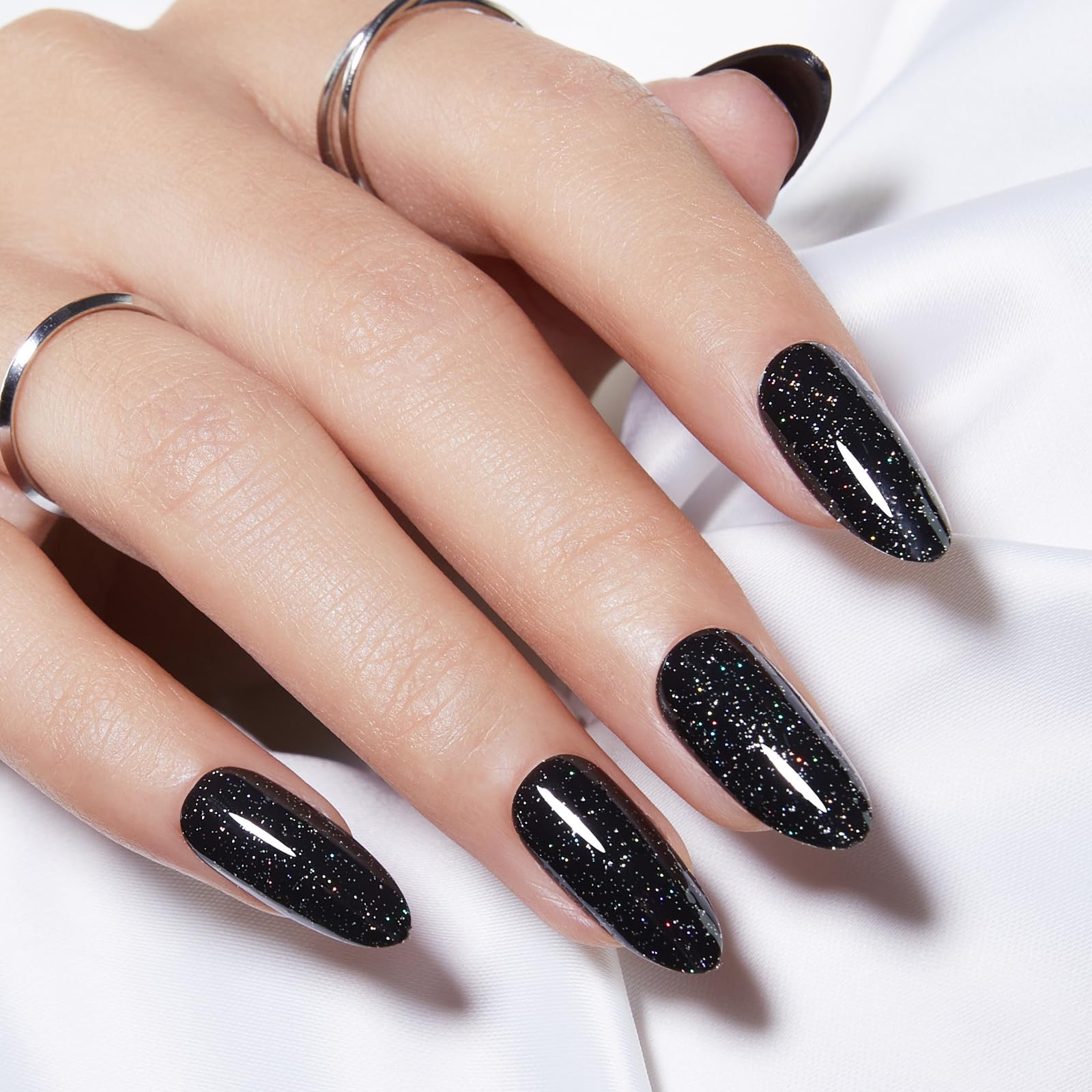 Presiona Nails Modelones, Color Negro Brillante, Forma De Almendra, 32 Unidades - Venta Internacional.
