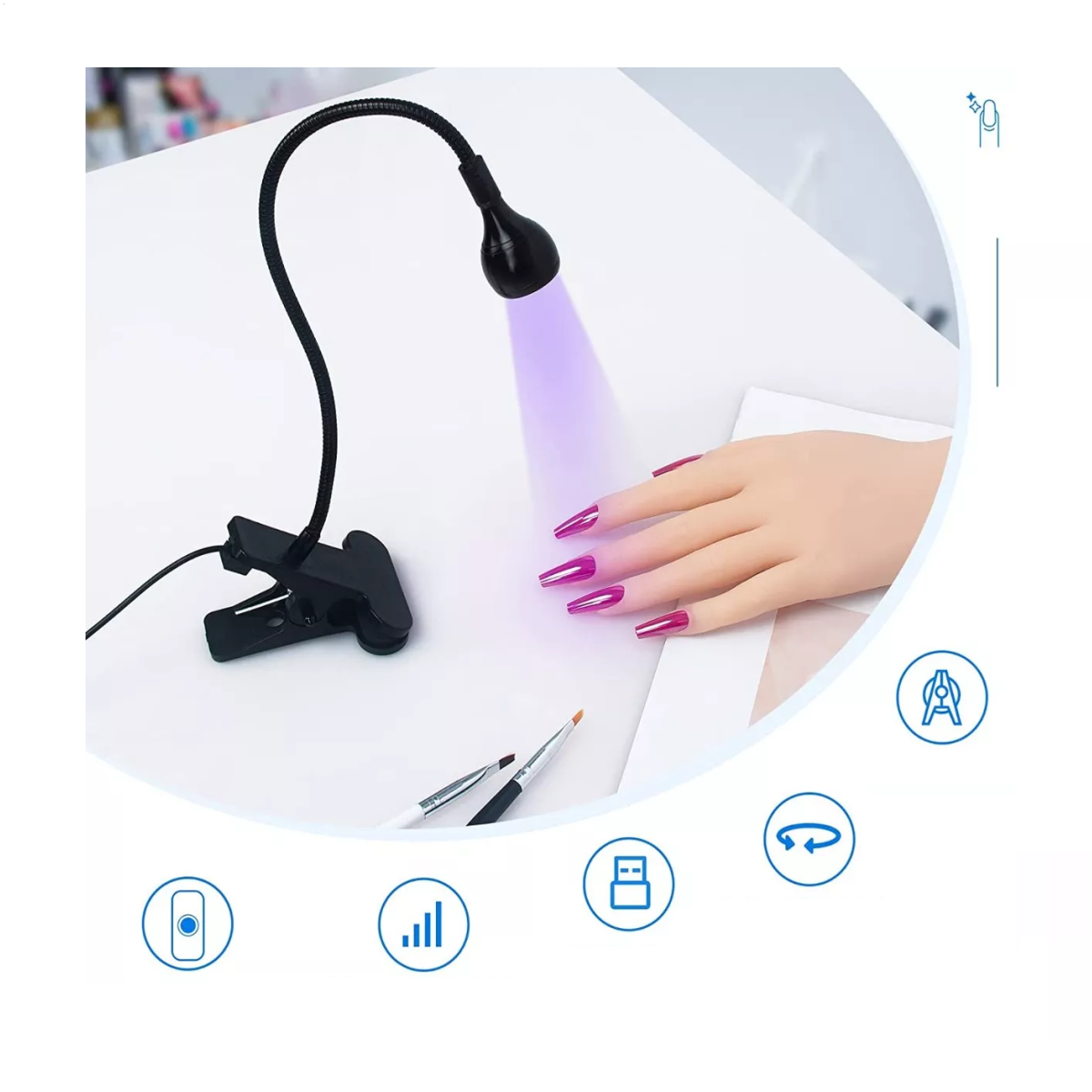 Foto 3 pulgar | Lámpara Uv Led Cuello De Cisne Para Uñas Usb Con Clip Gel Negro