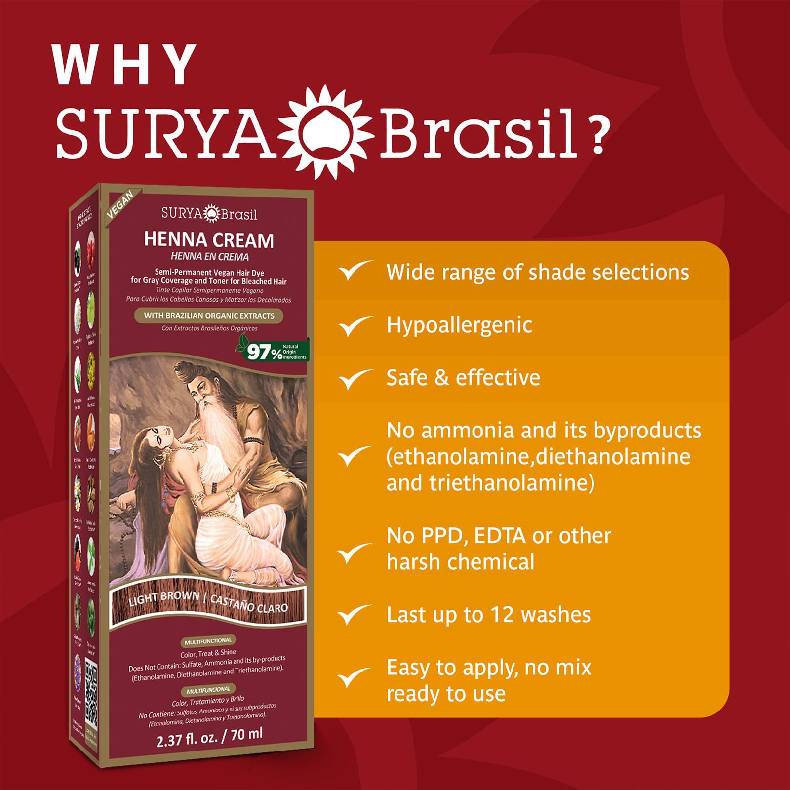 Foto 3 pulgar | Tratamiento de Coloración Capilar Surya Brasil Henna Cream Castaño Claro - Venta Internacional