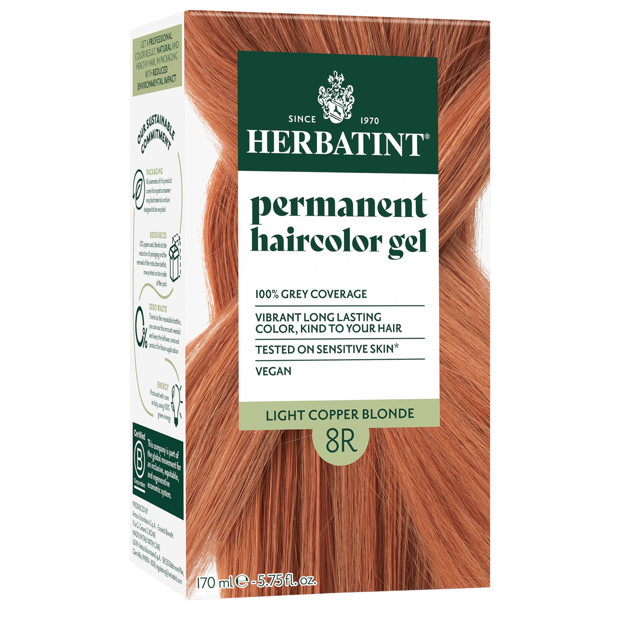 Tinte Para El Cabello Herbatint 8r, Rubio Cobrizo Claro, 170 Ml, Sin Amoniaco - Venta Internacional.