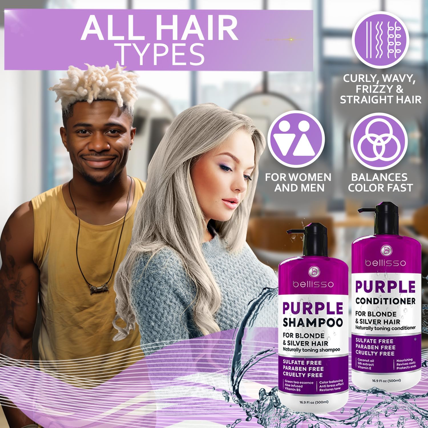 Foto 5 | Set De Champú Y Acondicionador Bellisso Purple Platinum Blonde - Venta Internacional.