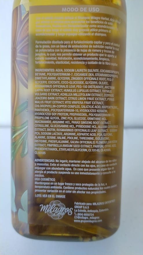 Foto 8 pulgar | Champú Y Acondicionador Milagros Herbal 450ml - 100% Natural - Venta Internacional.