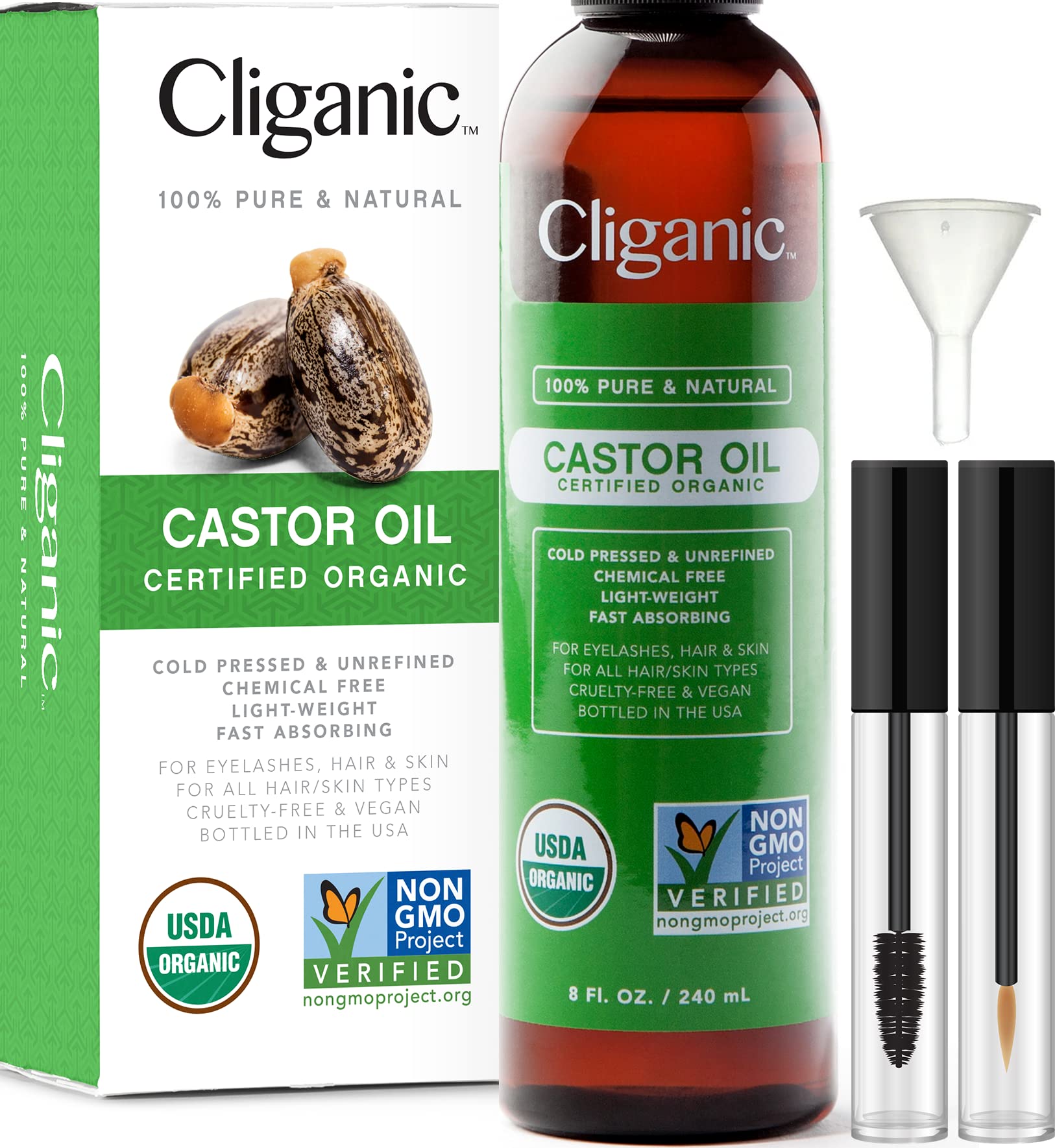 Aceite De Ricino Cliganic 100% Orgánico, 240 Ml, Con Kit De Pestañas - Venta Internacional.