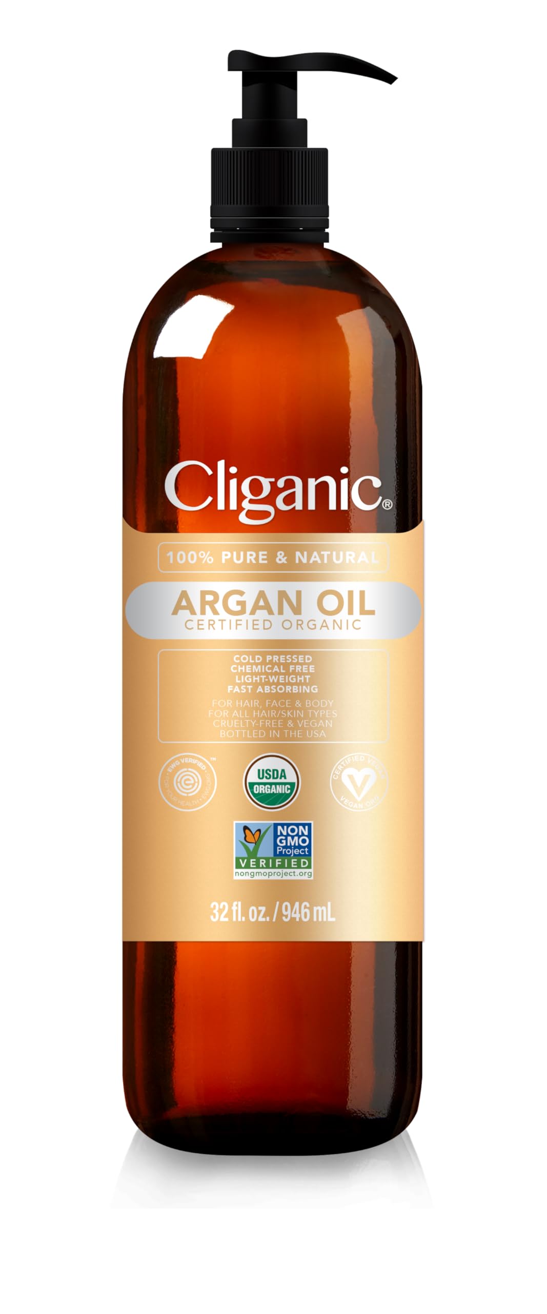 Aceite De Argán Cliganic 100% Orgánico Para Cabello, Rostro Y Piel 960 Ml - Venta Internacional.