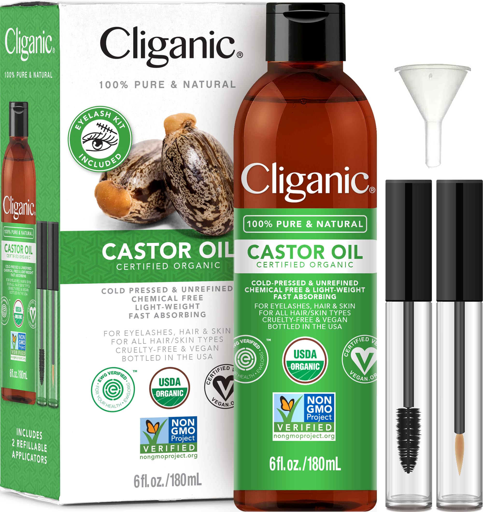 Aceite de Ricino Cliganic con Kit de Pestañas de 180 Ml - Venta Internacional