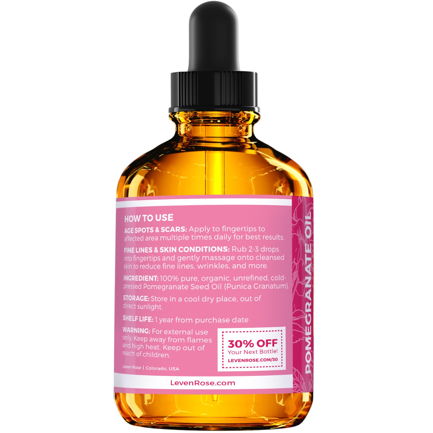 Foto 4 pulgar | Aceite De Semillas De Granada Leven Rose, 60 Ml, 100% Puro, Sin Refinar - Venta Internacional.