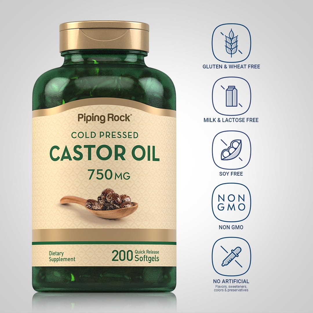 Foto 4 pulgar | Cápsulas De Gel Blando De Aceite De Ricino Piping Rock, 750 Mg, 200 Unidades - Venta Internacional.