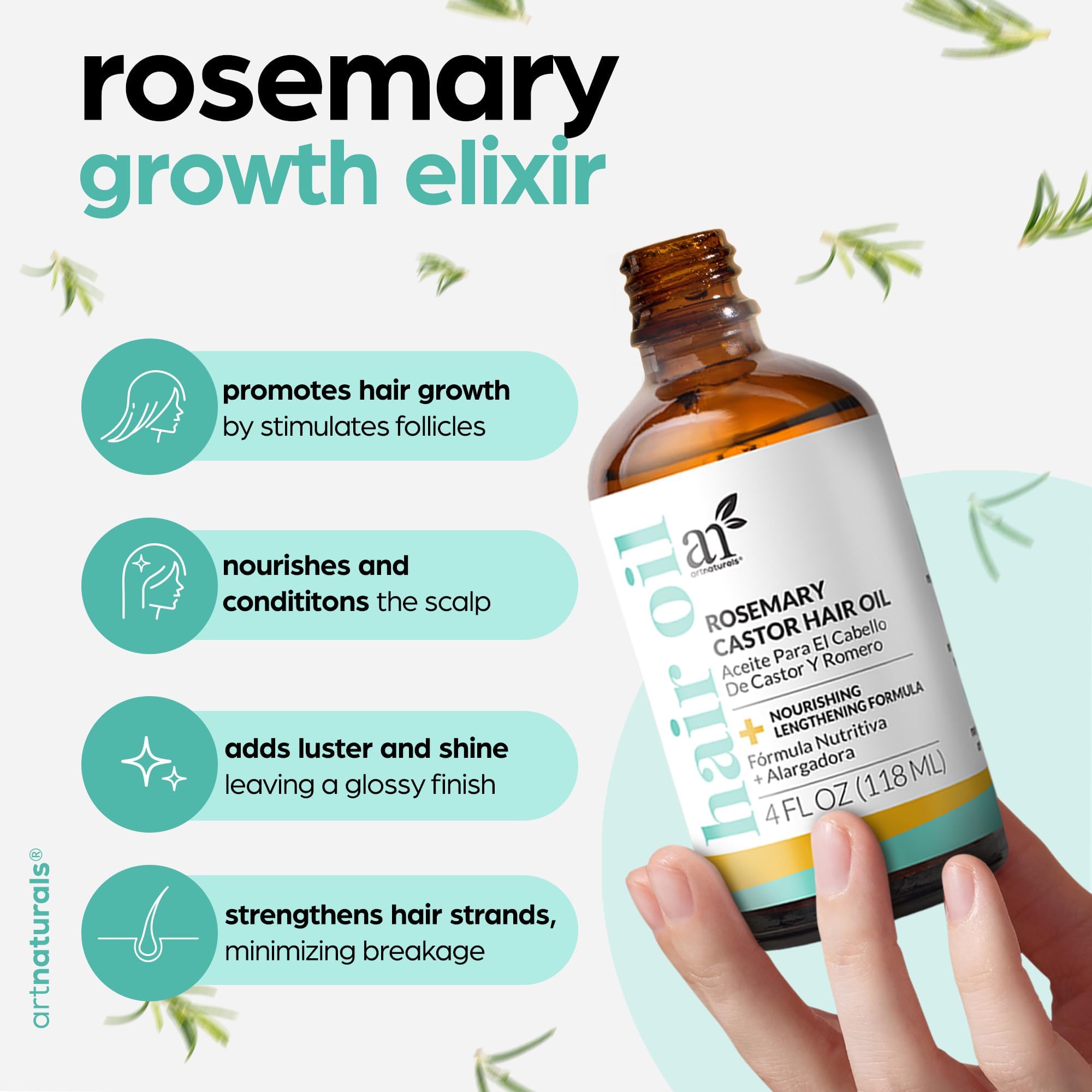 Foto 4 pulgar | Set De Aceites Capilares Artnaturals Organic Rosemary Castor 120 Ml Con Masajeador - Venta Internacional.