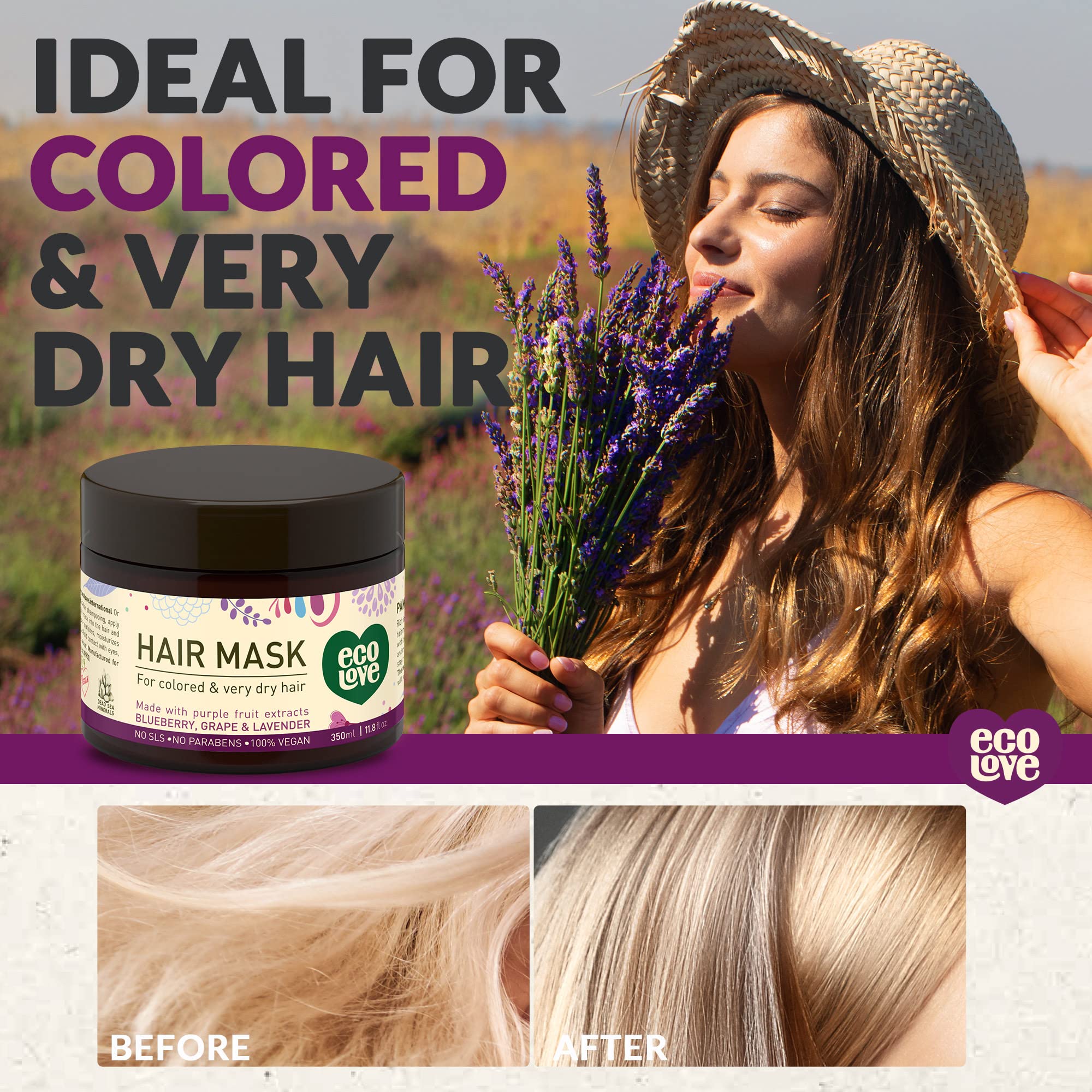 Foto 3 | Mascarilla Para Cabello Seco Y Dañado Ecolove  350 Ml  Con Extracto De Lavanda - Venta Internacional.