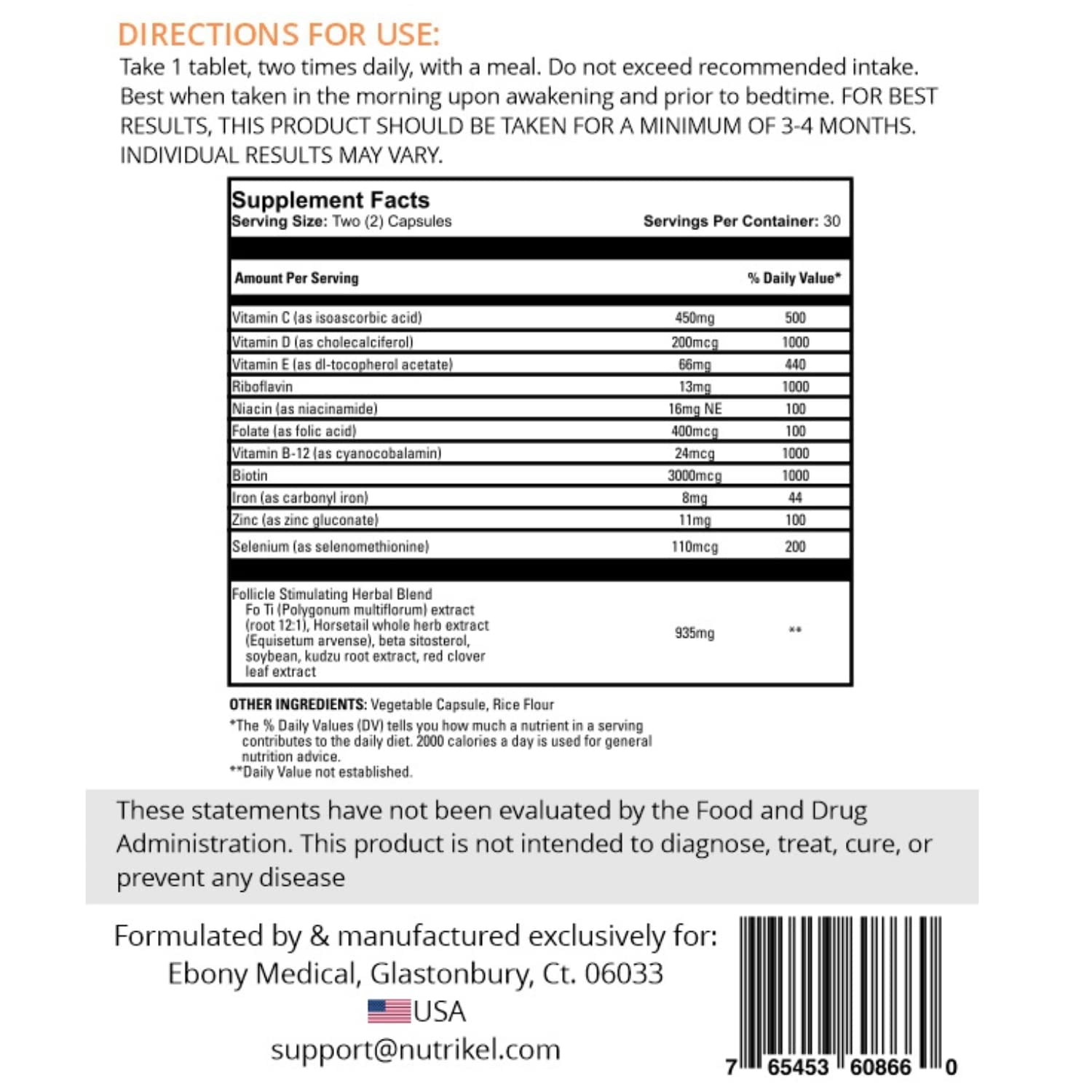 Foto 7 | Suplemento Ebony Medical Para El Crecimiento Del Cabello, Tracción, Alopecia 30d - Venta Internacional.