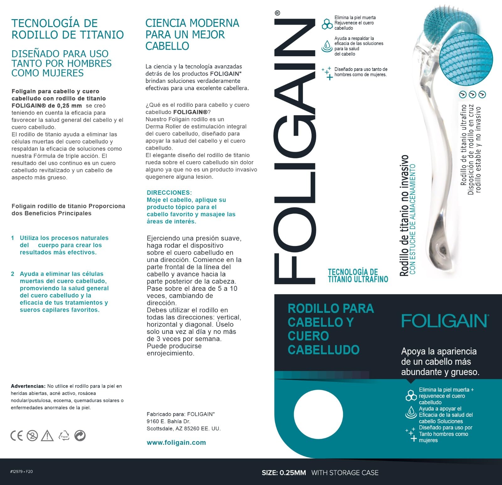 Foto 3 pulgar | Rodillo Para Cabello Y Cuero Cabelludo Foligain Con 540 Agujas De Titanio - Venta Internacional.