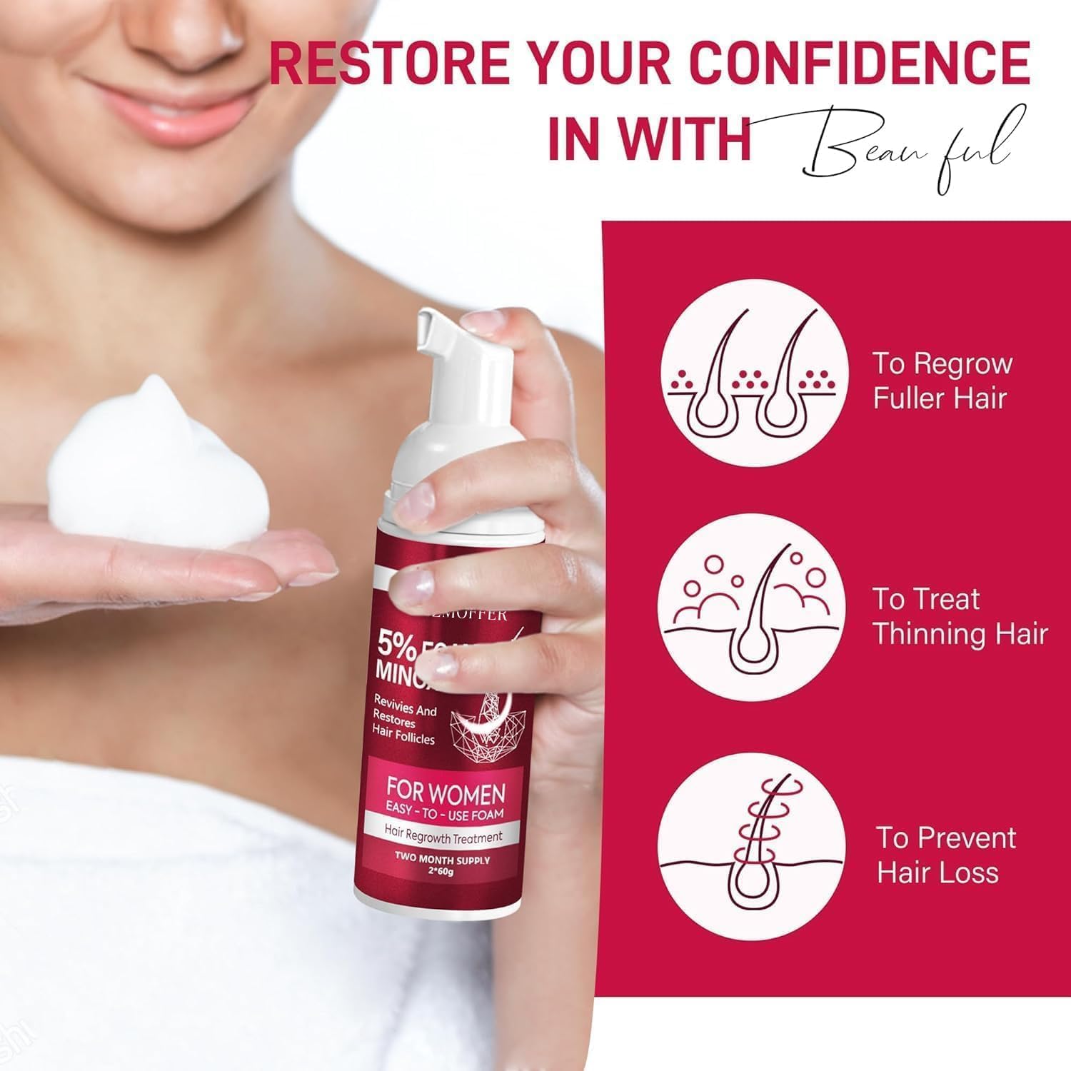Foto 3 | Espuma De Minoxidil Para El Crecimiento Del Cabello Femenino Al 5%, 60 Ml, Paquete De 2 - Venta Internacional.