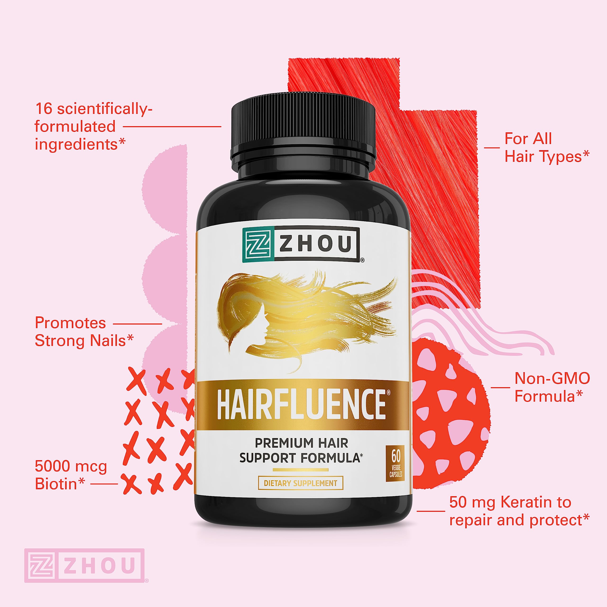 Foto 5 pulgar | Suplemento Para El Crecimiento Del Cabello Zhou Hairfluence Con Biotina 5000 Mcg 60 Cápsulas - Venta Internacional.