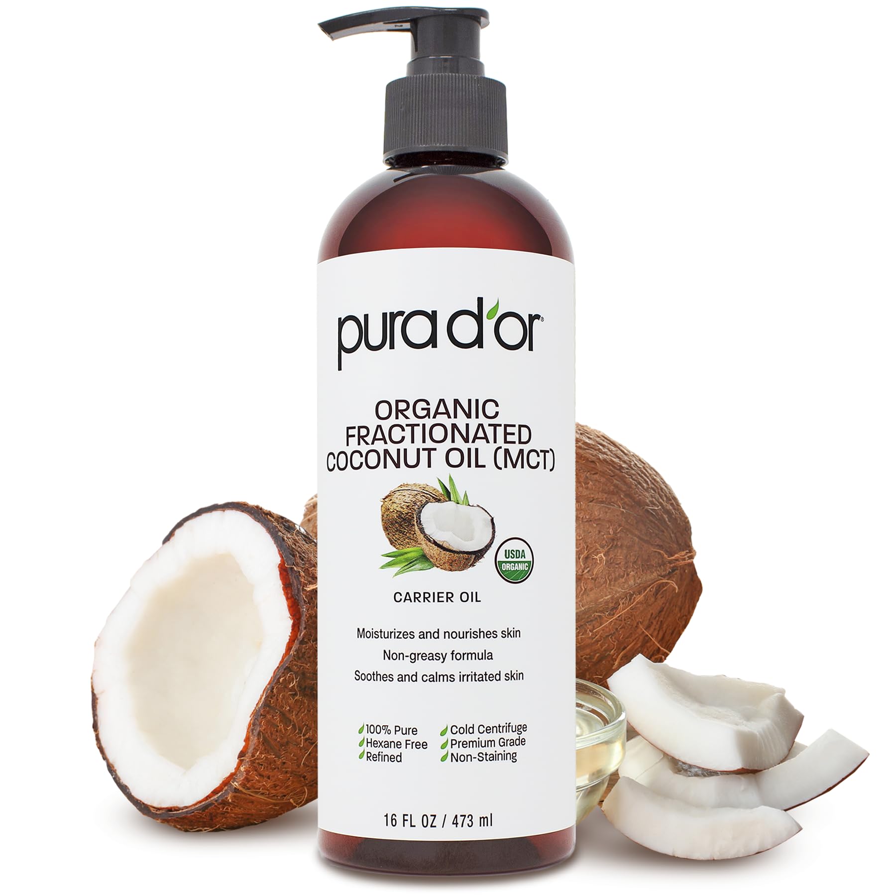 Aceite De Coco Fraccionado Pura D'or 473 Ml - 100% Orgánico Puro - Venta Internacional.