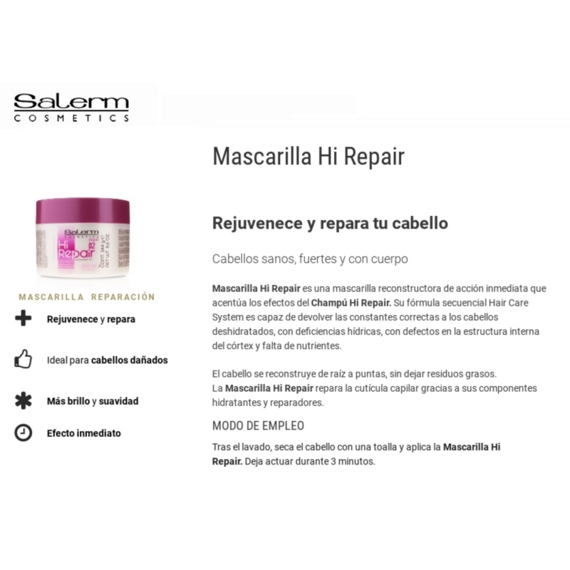 Foto 4 pulgar | Kit De Tratamiento De Champú Y Crema Hi Repair Salerm Cosmetics - Venta Internacional.
