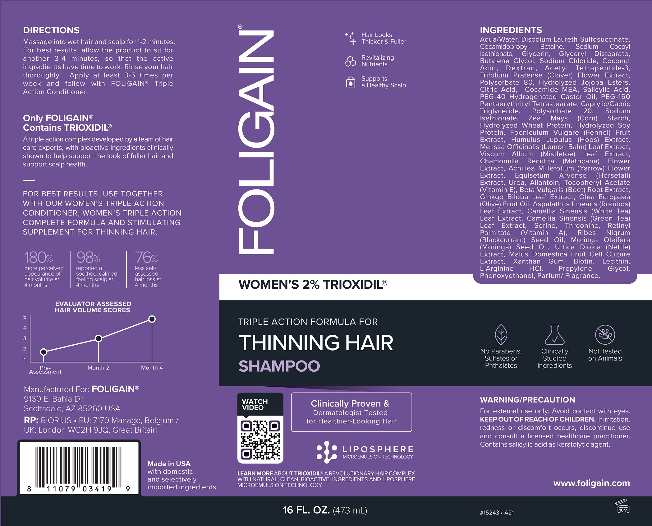 Foto 4 | Champú Foligain Triple Action Para Mujeres Con Cabello Fino, 480 Ml - Venta Internacional.