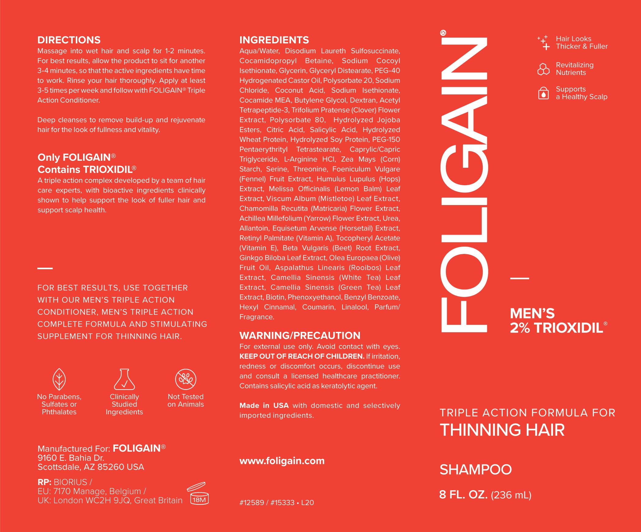 Foto 5 pulgar | Champú Foligain Triple Action Para Cabello Fino, 240 Ml, Hombre - Venta Internacional.