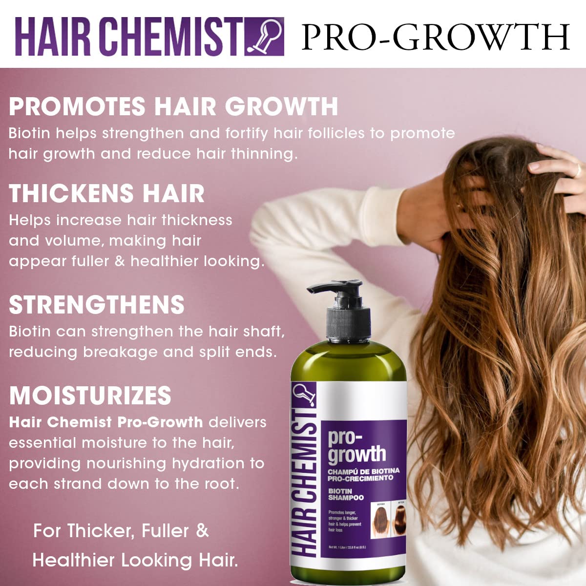 Foto 4 pulgar | Champú Hair Chemist Pro-growth Con Biotina, 1 Litro, Para Cabello Fino - Venta Internacional.