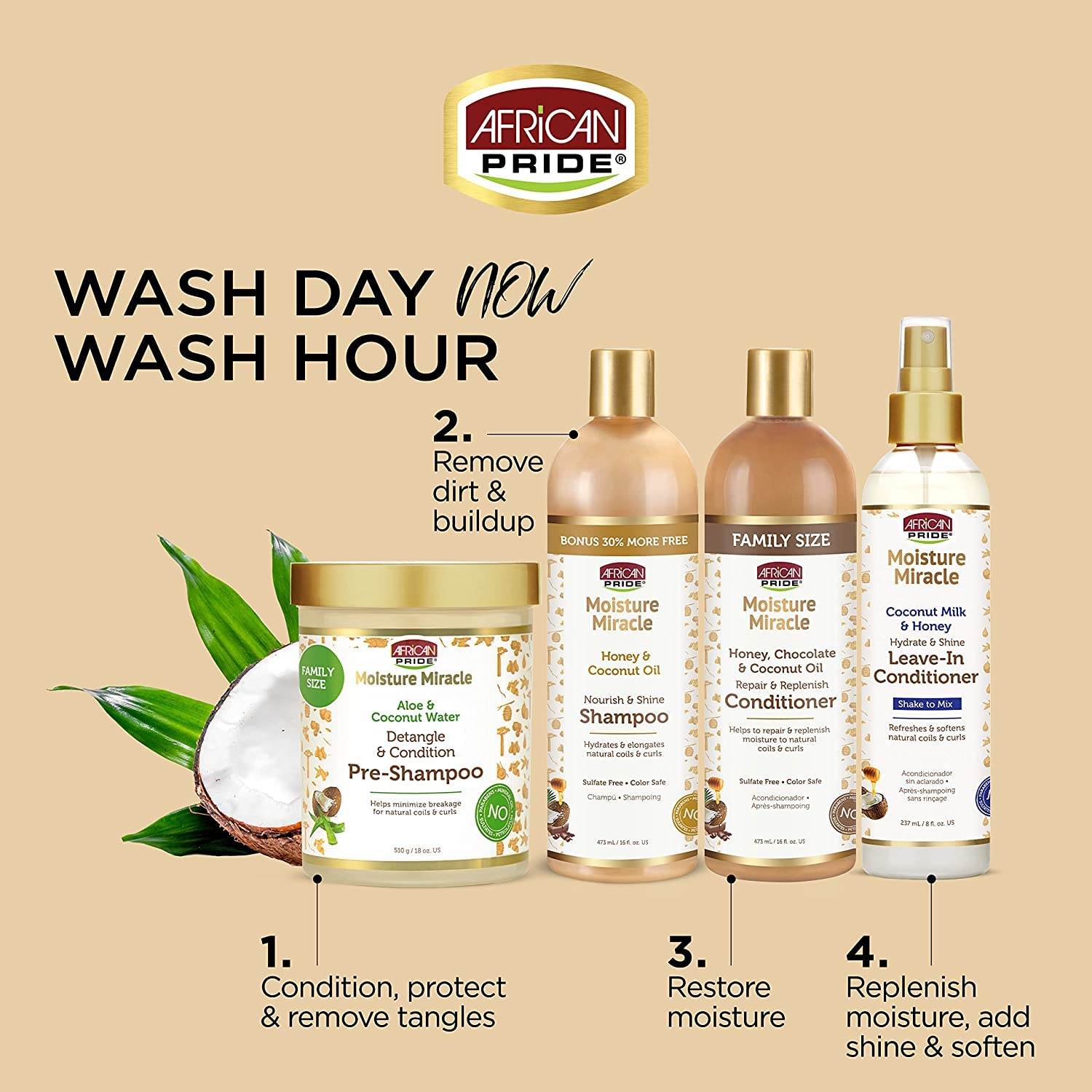 Foto 4 pulgar | Prechampú African Pride Moisture Miracle Aloe & Coconut 540 Ml - Venta Internacional.