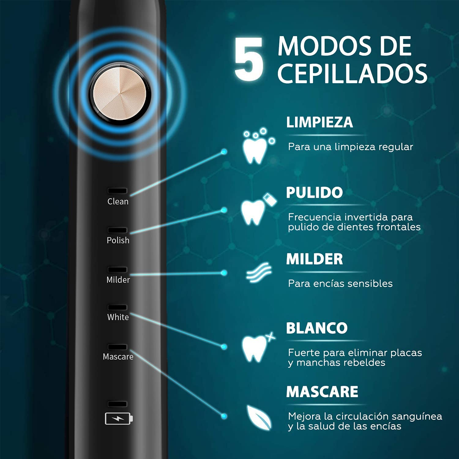 Foto 3 pulgar | Cepillo de Dientes Eléctrico Potente con 5 Cabezales Negro