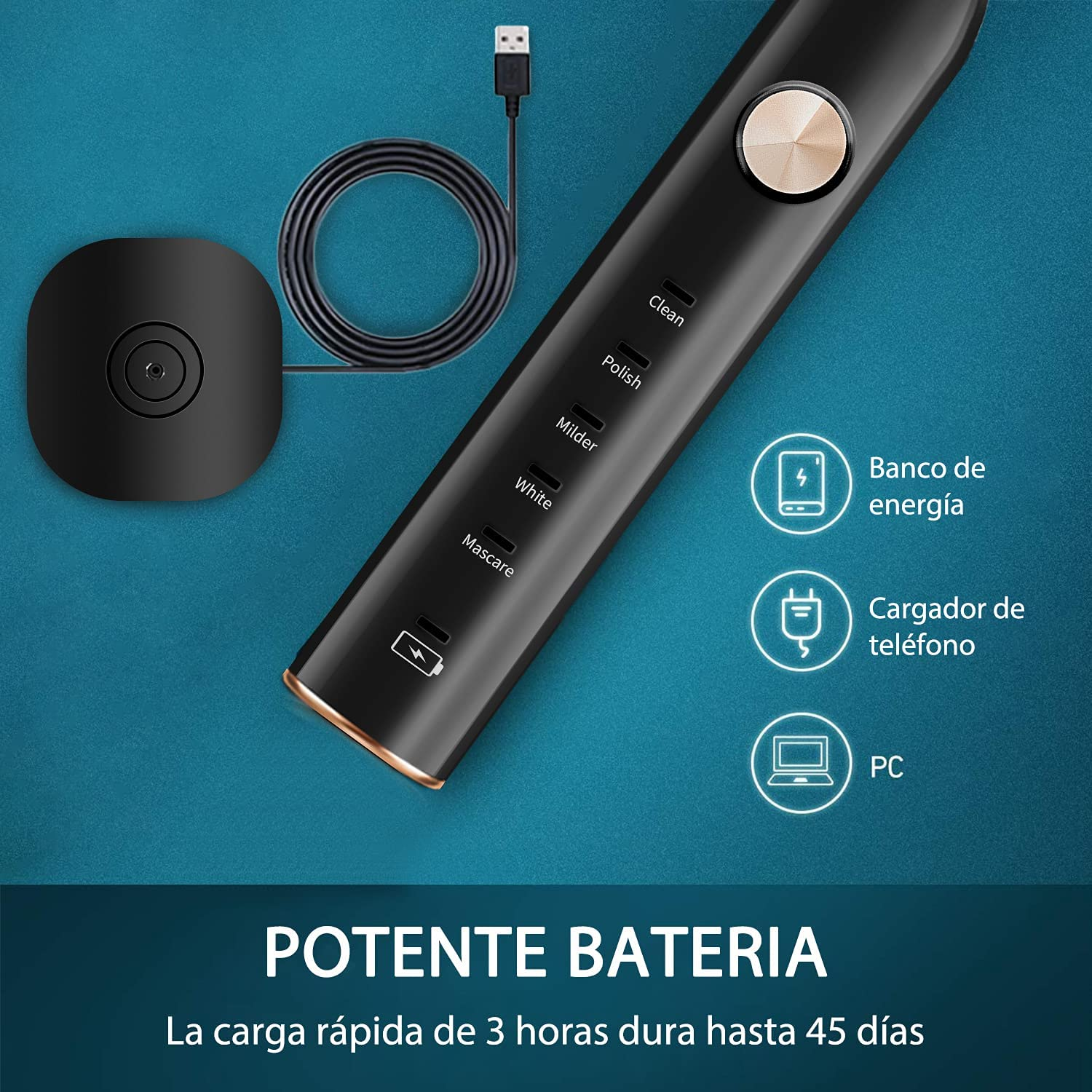 Foto 4 pulgar | Cepillo de Dientes Eléctrico Potente con 5 Cabezales Negro