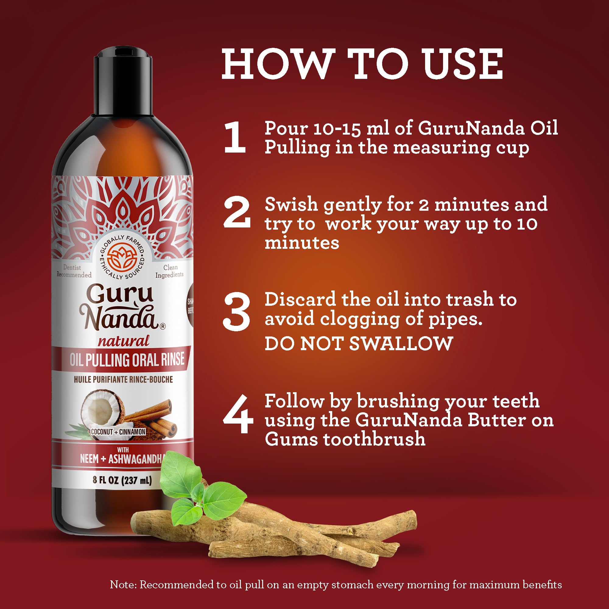 Foto 6 | Enjuague Bucal Gurunanda  Extrayente De Aceite De Ashwagandha  240 Ml  Con Accesorios - Venta Internacional.