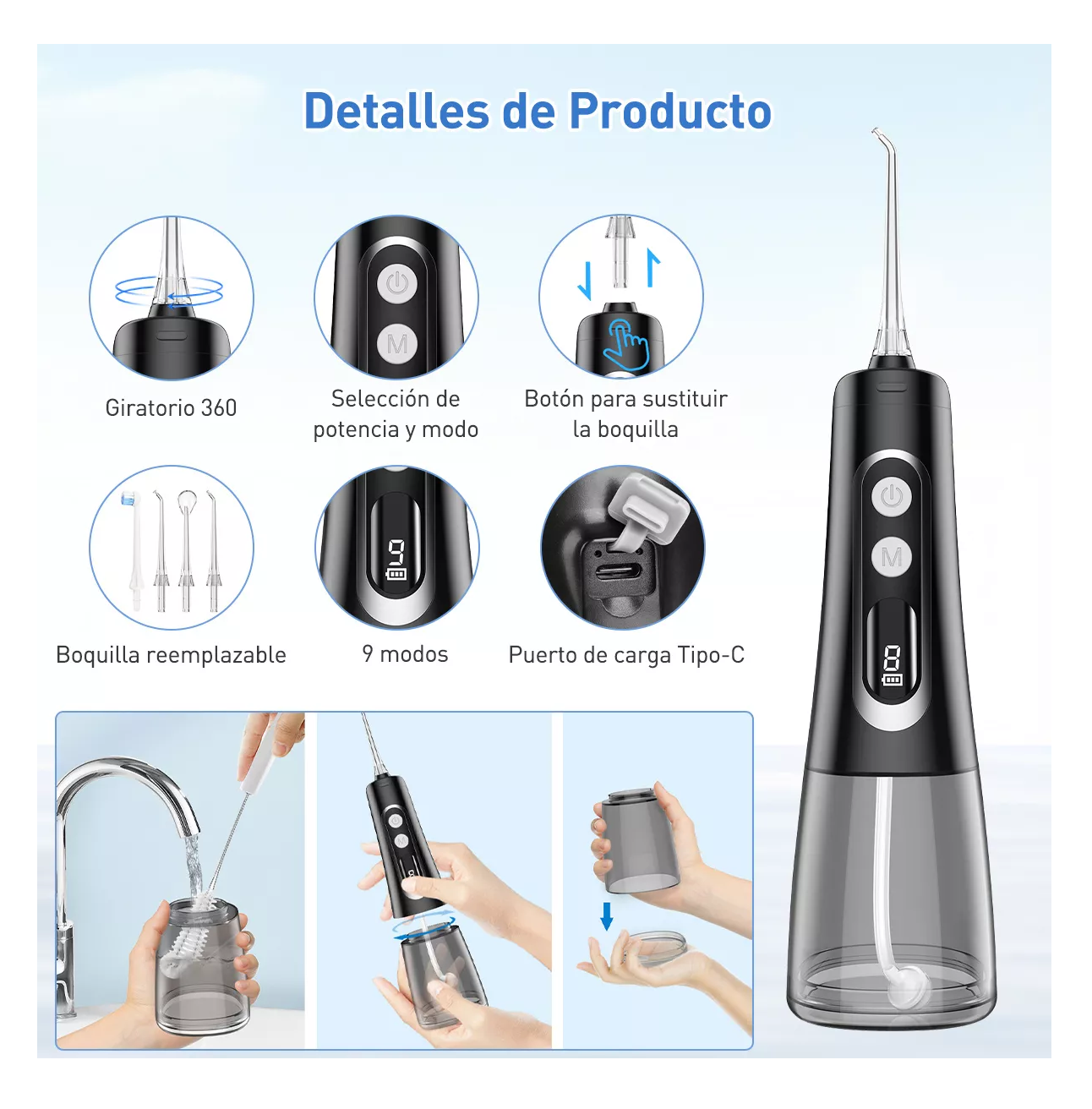 Foto 2 | Irrigador Bucal Limpiador Dientes Eléctrico Con 4 Boquillas Gris/negro