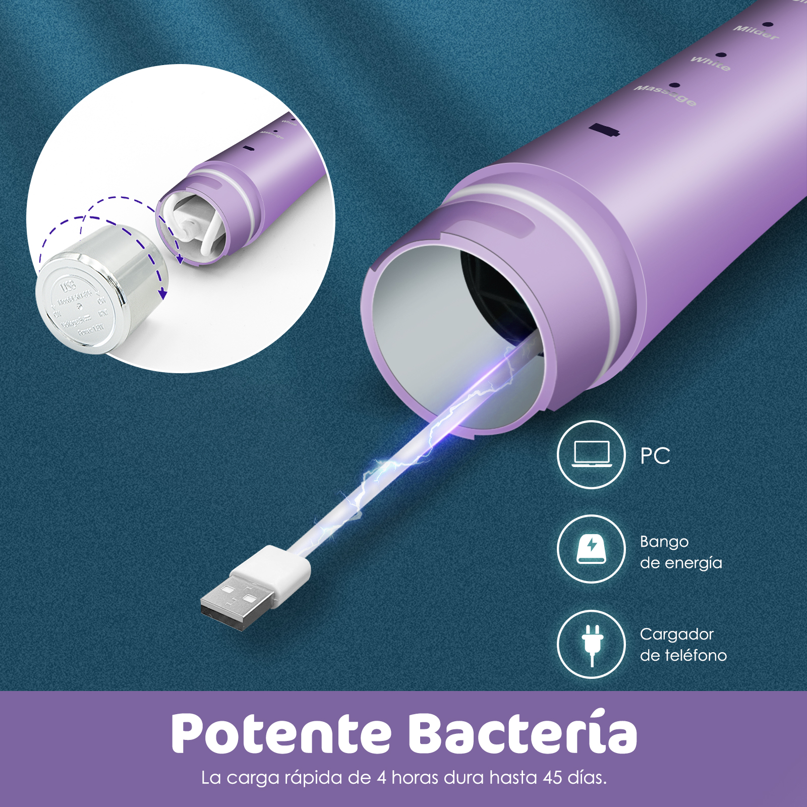 Foto 5 | Cepillo de Dientes Eléctrico Potente Limpieza Sónica con 6 Cabezales de Cepillo Duponts H10167 color Púrpura