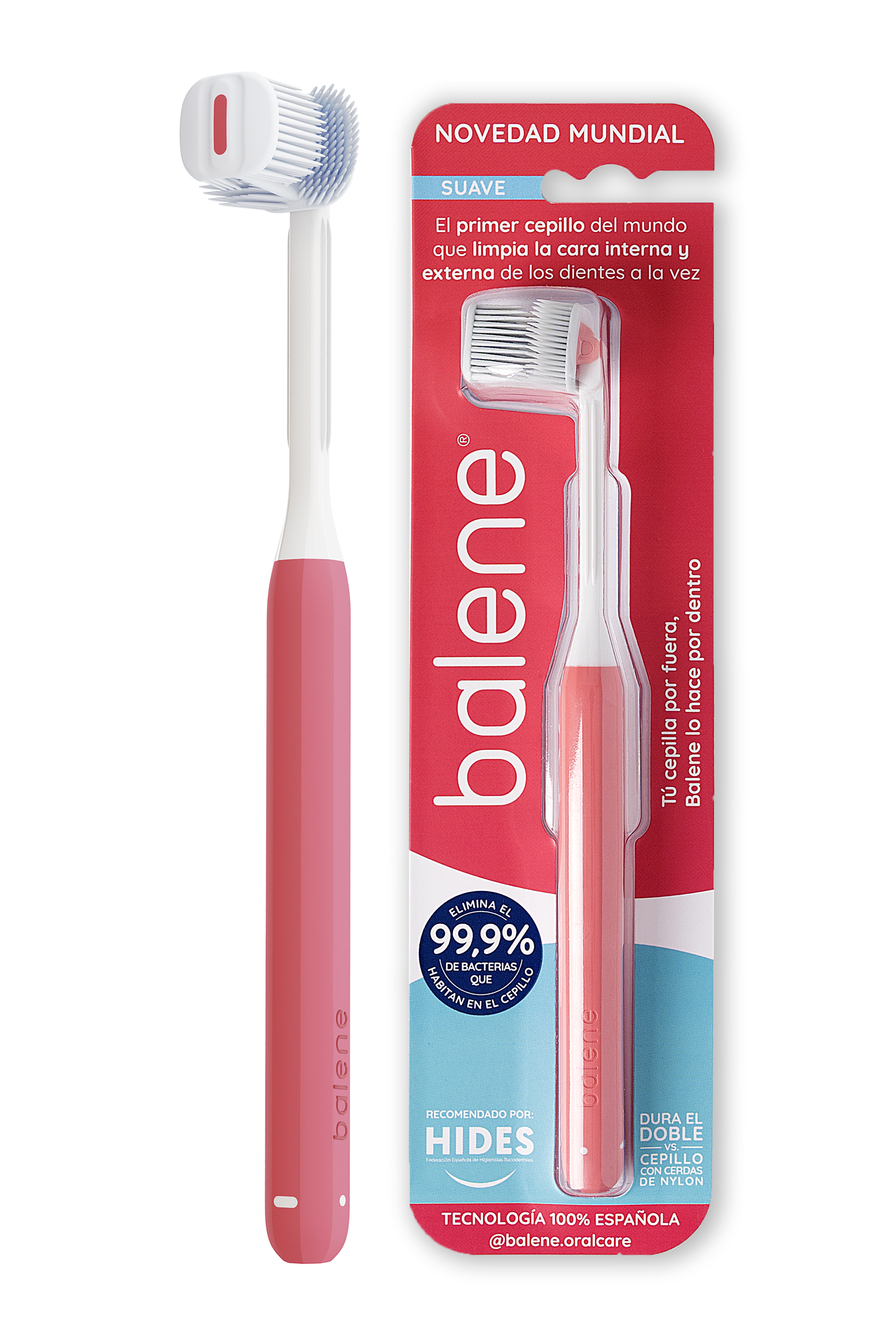 Cepillo Dental Balene Doble Cara con Cerdas Suaves Anguladas 45º Coral