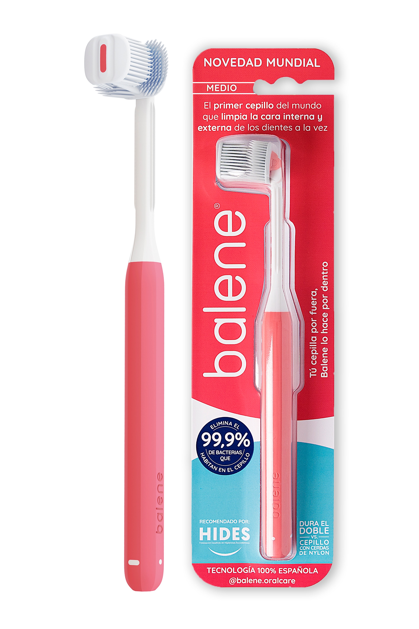 Cepillo Dental Balene Doble Cara con Cerdas Medias Anguladas 45º Coral $538