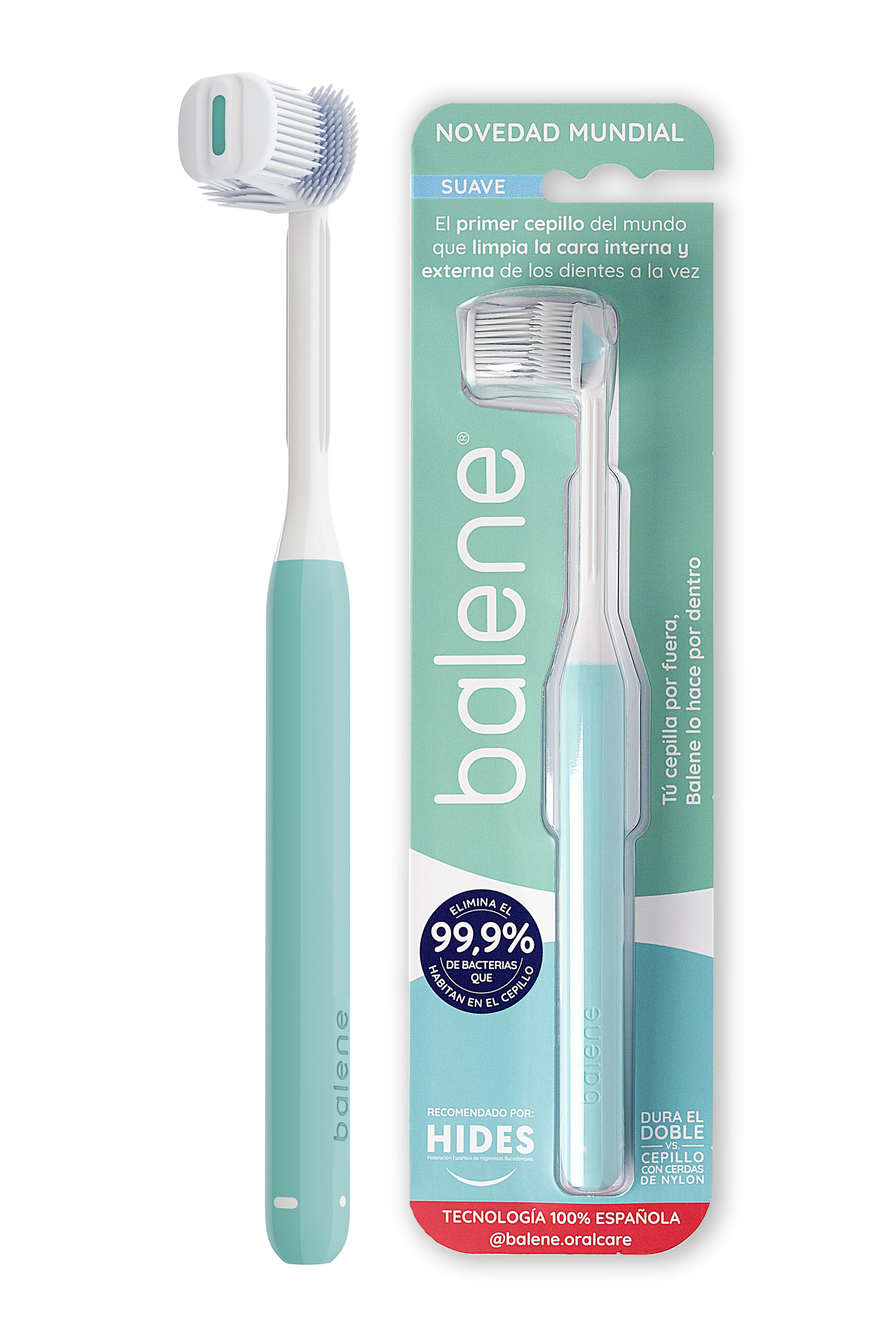 Cepillo Dental Balene Doble Cara con Cerdas Suaves Anguladas 45º Aguamarina