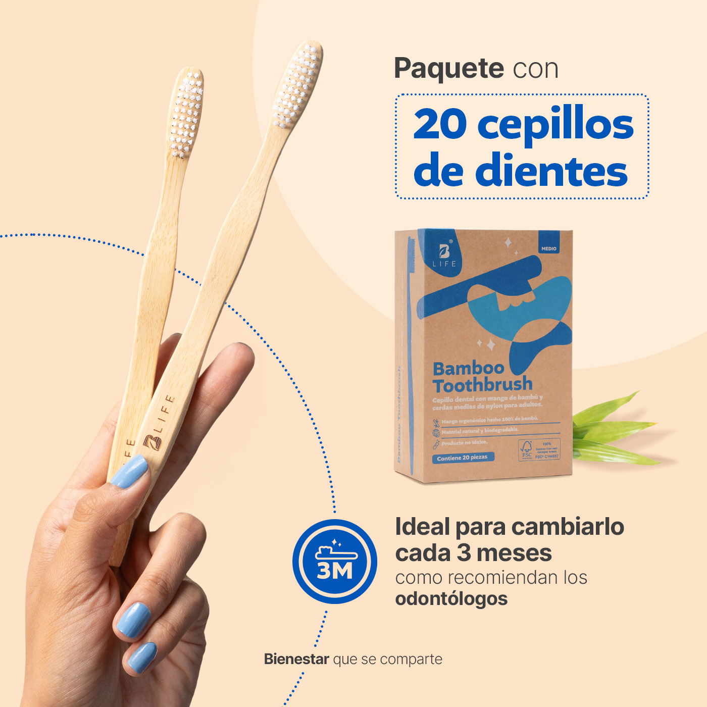 Foto 4 pulgar | Kit Con 20 Cepillos De Dientes De Bambú Para Adultos Con Cerdas Medias. B Life