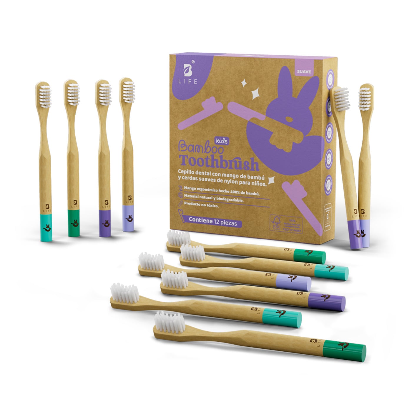 Kit Con 12 Cepillos De Dientes De Bambú Para Niños Con Cerdas Suaves. B Life