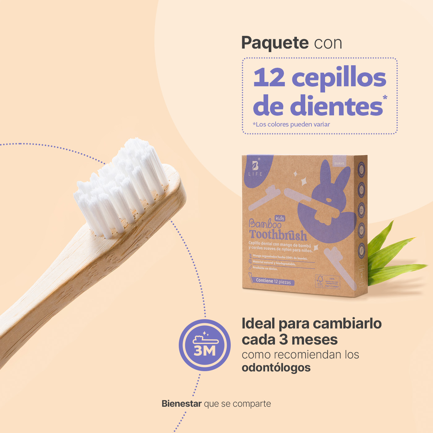 Foto 4 pulgar | Kit Con 12 Cepillos De Dientes De Bambú Para Niños Con Cerdas Suaves. B Life